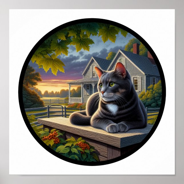 A Circular 3D Image of a Domestic Shorthair Cat Poster (Front)