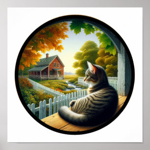 A Circular 3D Image of a Domestic Shorthair Cat Poster