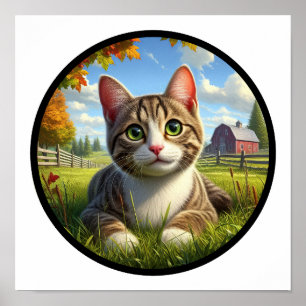 A Circular 3D Image of a Domestic Shorthair Cat Poster