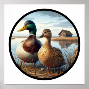 A Circular 3D Image of a Male and Female Mallard Poster