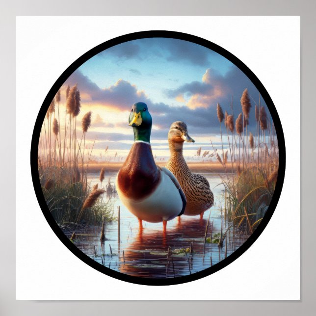 A Circular 3D Image of a Male and Female Mallard  Poster (Front)