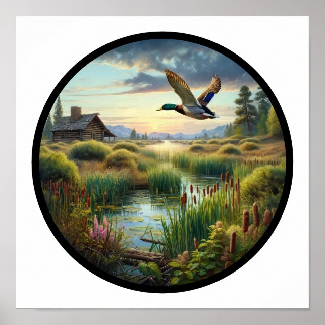 A Circular 3D Image of a Mallard Duck Flying Poster (Front)