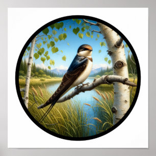 A Circular 3D Image of a Perched Tree Swallow Poster