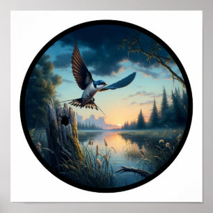 A Circular 3D Image of a Tree Swallow flying Poster