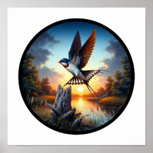 A Circular 3D Image of a Tree Swallow flying Poster