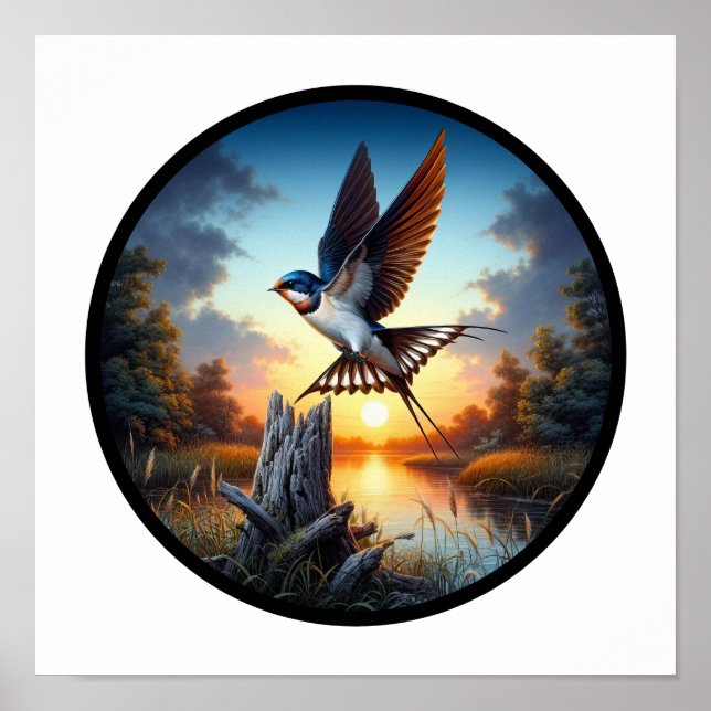 A Circular 3D Image of a Tree Swallow flying Poster (Front)