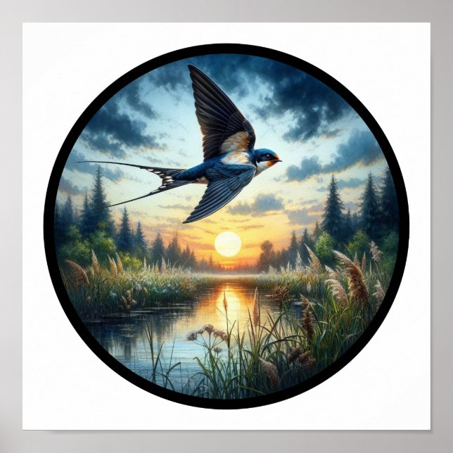 A Circular 3D Image of a Tree Swallow flying Poster (Front)