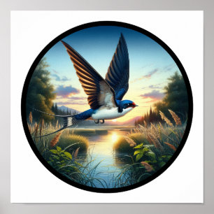 A Circular 3D Image of a Tree Swallow flying Poster