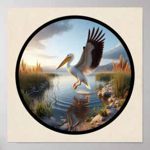 A Circular 3D Image of an American White Pelican Poster