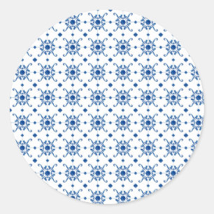 A circular sticker features a repeating blue