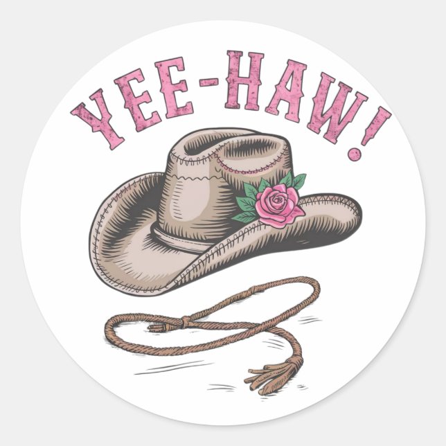A classic cowboy hat  adorned with a single pink  round sticker (Front)