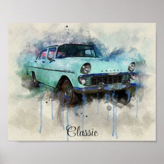 A classic old pale Blue car poster