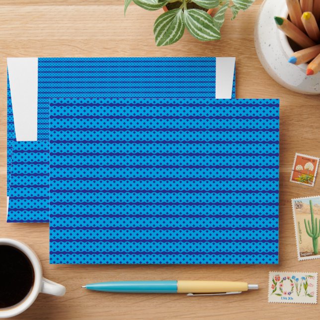 A clear blue sky stretches above a calm, deep blue envelope (Desk)