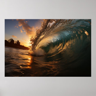 A close up picture of a giant wave at sunset poster
