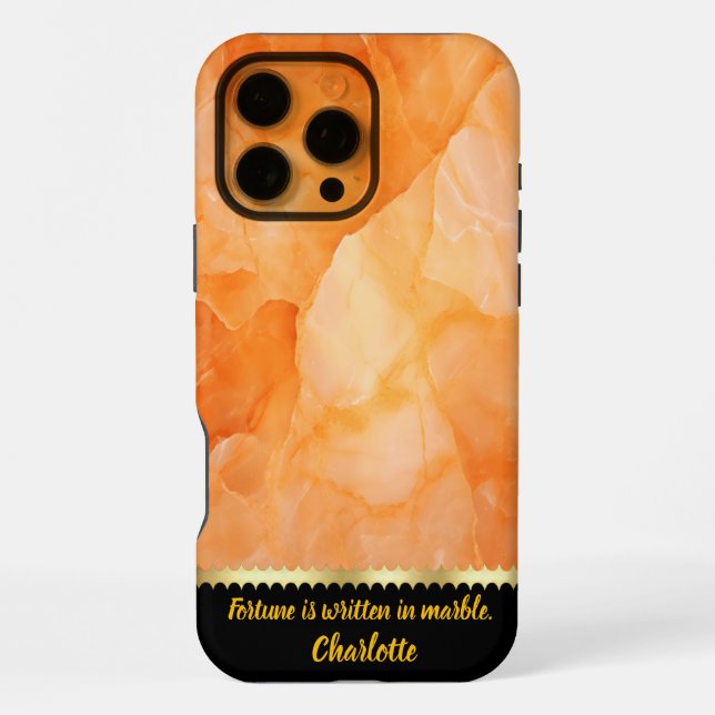 A close-up view of vibrant orange marble patterns iPhone case (Back)