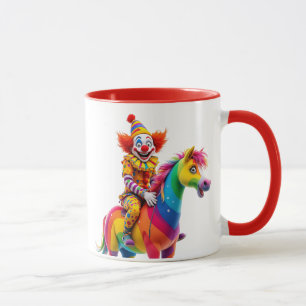 A clown on his rainbow horse. mug
