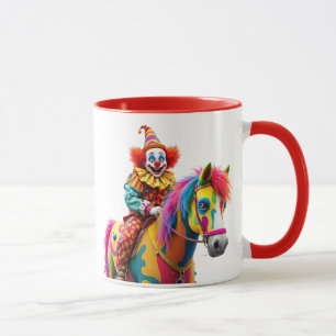 A clown rides a rainbow horse. mug