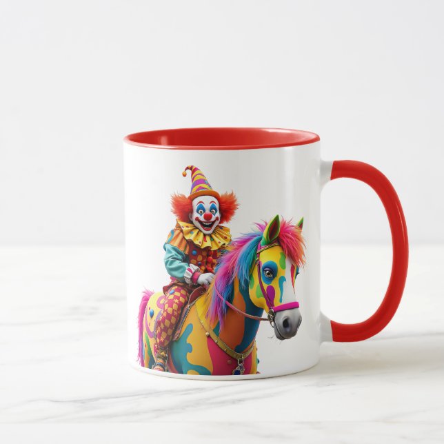 A clown rides a rainbow horse. mug (Right)