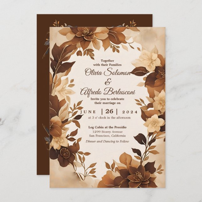 A Coffee & Cream Autumn Floral Theme Wedding Invitation (Front/Back)