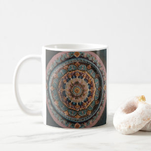 A coffee mug with an aesthetic mandala design