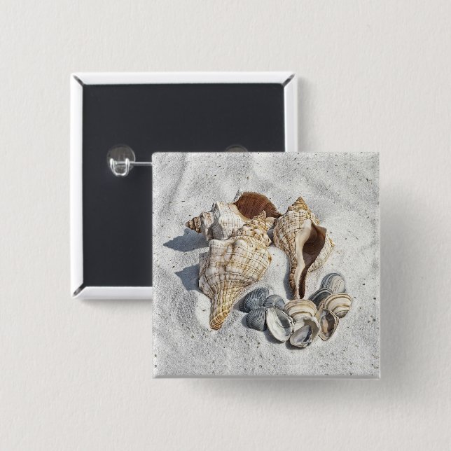 A Collection of Seashells on Sand 15 Cm Square Badge (Front & Back)