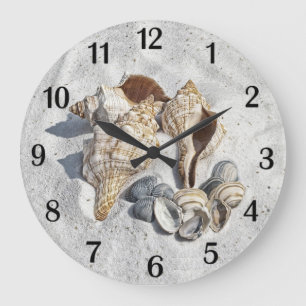 A Collection of Seashells on Sand Black Numbers Large Clock