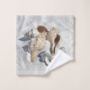 A Collection of Seashells on Sand Wash Cloth