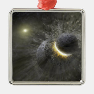 A collision between massive objects in space metal ornament