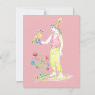 A coloured-pencil drawing of a woman RSVP card