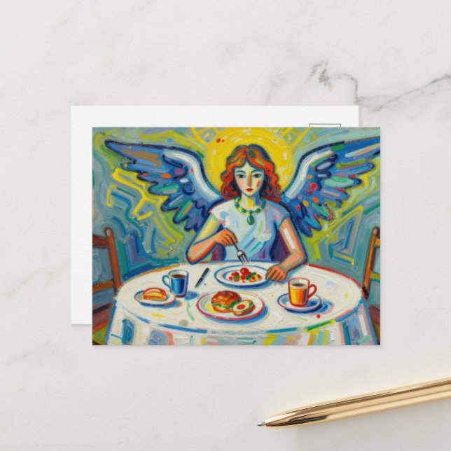 A Colourful Angel at Breakfast Postcard (Front/Back In Situ)