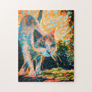 A colourful Cat walking on the wall in sunlight Jigsaw Puzzle