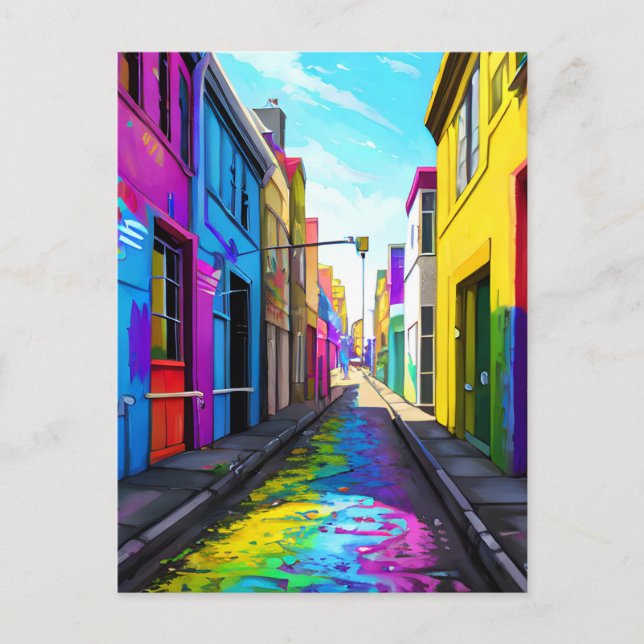 A colourful city street postcard (Front)