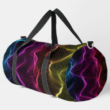 A colourful duffel bag with black straps 
