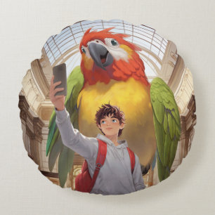 A Colourful Encounter – Giant Parrot at the Museum Round Cushion