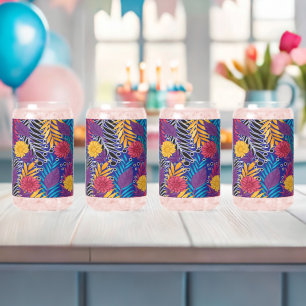 a colourful flower and leaves pattern on a blue ba can glass