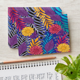 a colourful flower and leaves pattern on a blue ba envelope