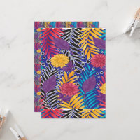 a colourful flower and leaves pattern on a blue ba