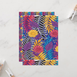 a colourful flower and leaves pattern on a blue ba invitation