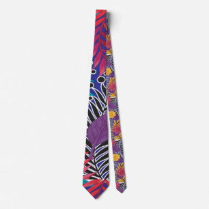 a colourful flower and leaves pattern on a blue ba tie