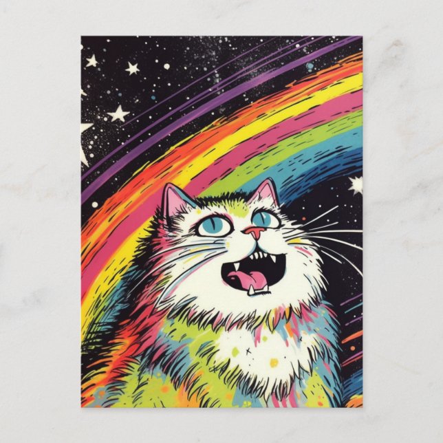 A Colourful Fluffy Cat in Space Postcard (Front)