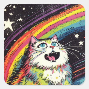 A Colourful Fluffy Cat in Space Square Sticker