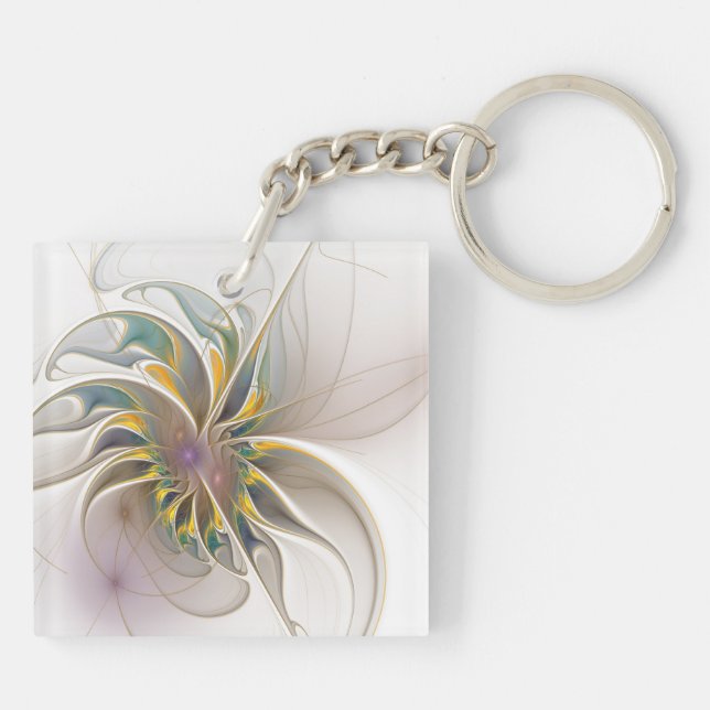 A colourful fractal ornament. Abstract Flower art Key Ring (Back)