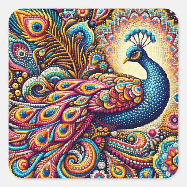 A colourful image of a pointillism paisley peacock square sticker (Front)