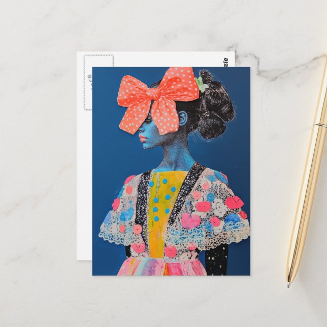 A Colourful lady with a big bow on Blue Postcard (Front/Back In Situ)