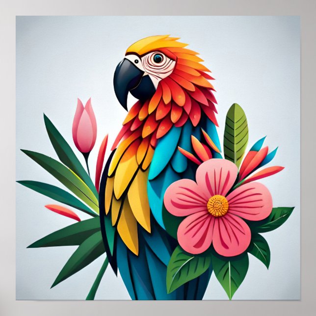 A colourful Parrot Perched on a Bed of Blooms Poster (Front)