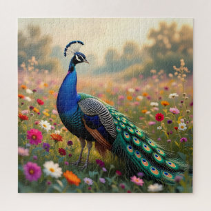 A Colourful Peacock and Flowers  Jigsaw Puzzle