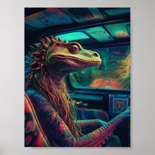 A colourful psychedelic lizard in a vehicle poster