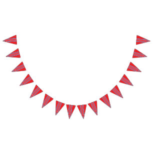 A colourful red and blue pattern encircled by a bl bunting