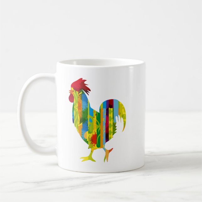 A colourful rooster coffee mug (Left)