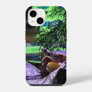a colourful turtle surrounded by lush green trees iPhone 14 case